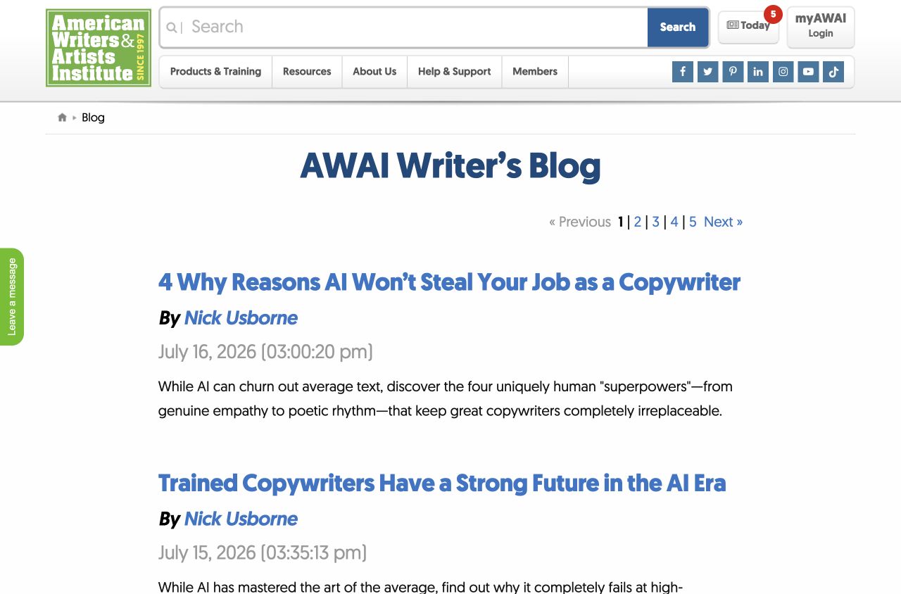 AWAI Writer's Blog showing current copywriting lessons and publication dates.