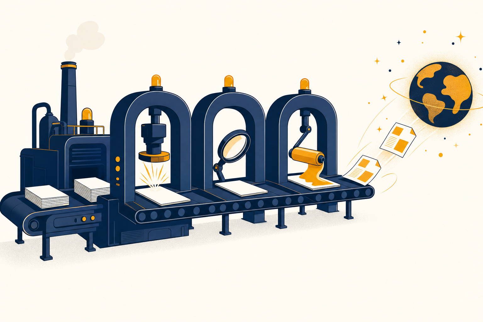 Content operations illustrated as a production line turning blank pages into finished documents shipped to the world