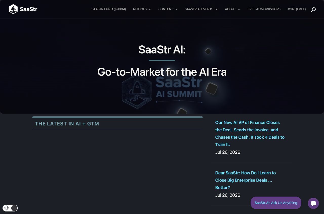 SaaStr homepage showing current B2B SaaS and go-to-market articles.