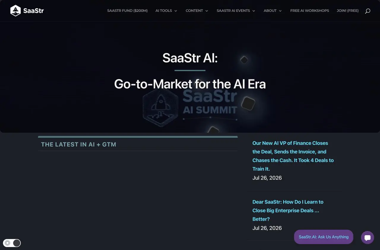 SaaStr homepage showing current B2B SaaS and go-to-market articles.