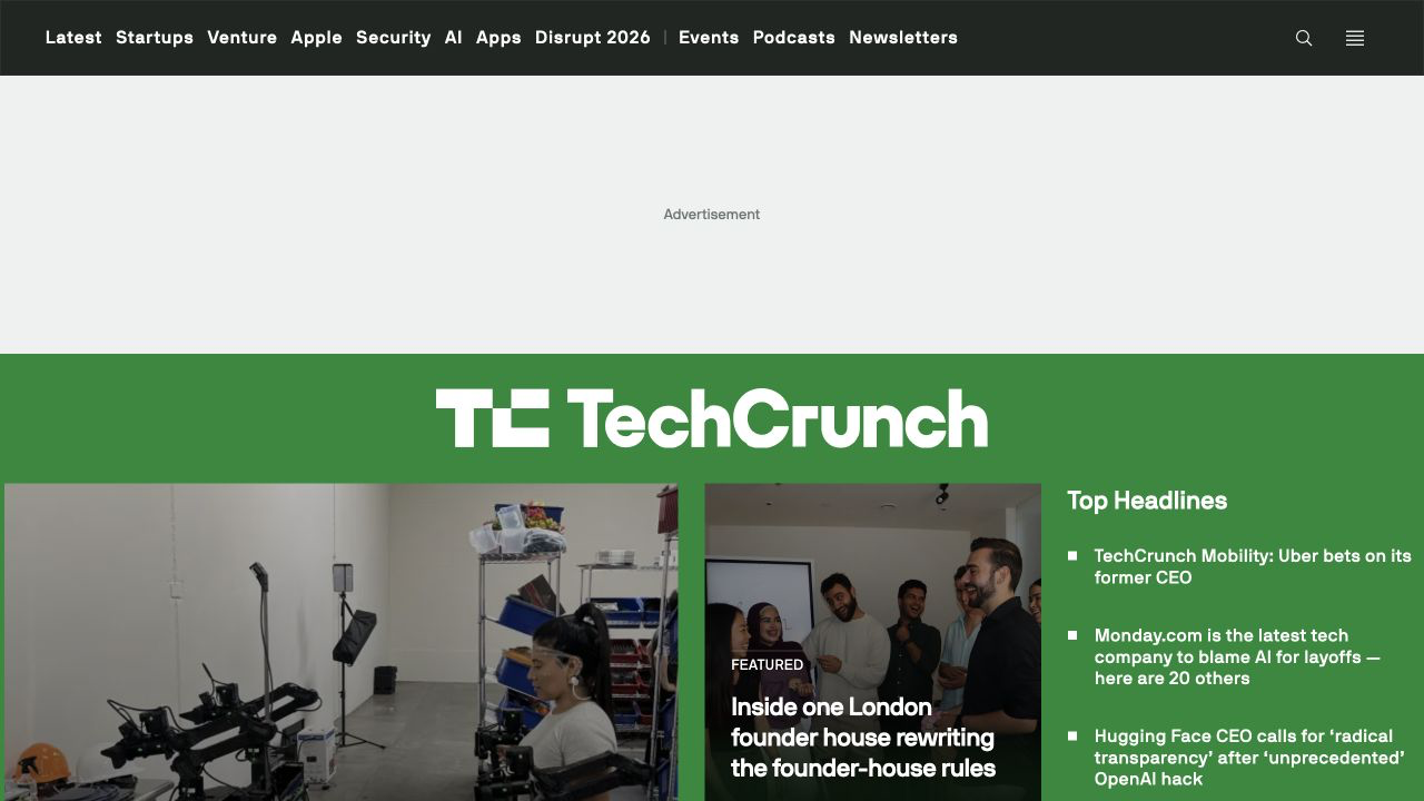TechCrunch homepage showing current startup and technology headlines.