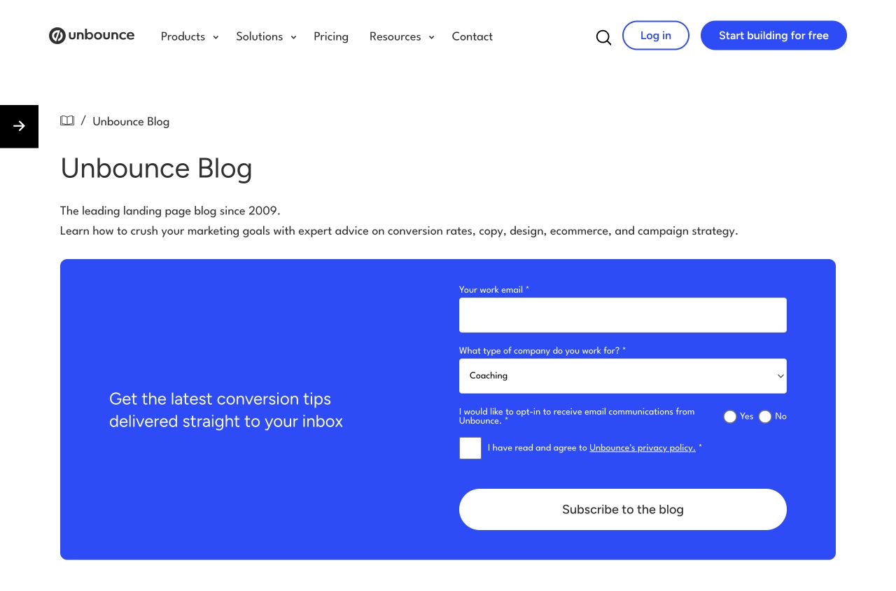 Unbounce Blog homepage for landing pages, conversion rates, copy, design, and campaign strategy.