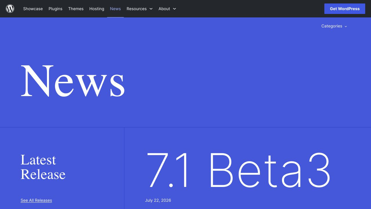 WordPress News homepage showing the latest official WordPress release.