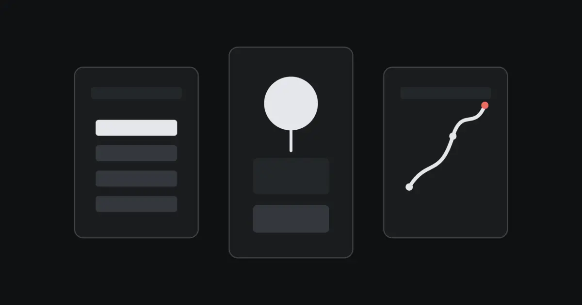 Three dark software panels representing an API, a prompt tracker and an AI response index.