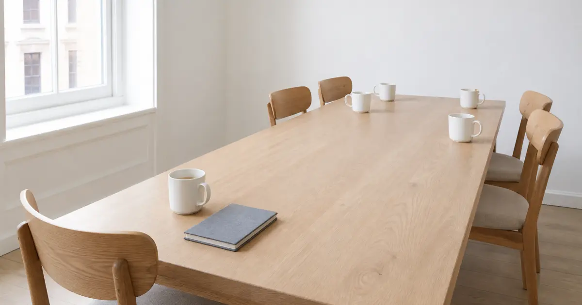 A long pale oak meeting table in a bright white room: one chair with a single mug and a closed notebook at the near end, and four chairs each with their own mug grouped at the far end.