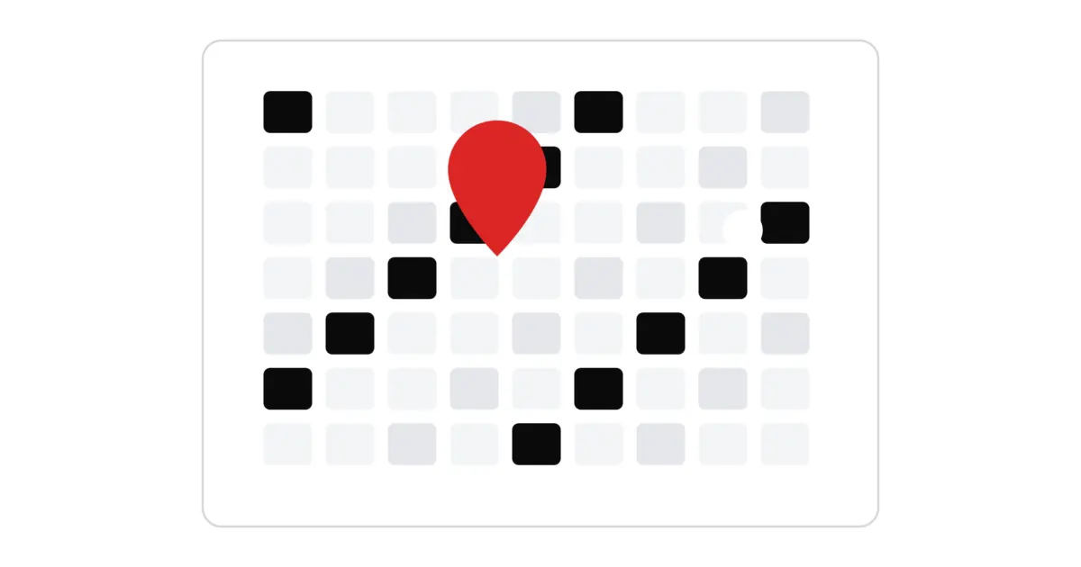 Location pin centered on a local search ranking grid with visibility changing by map point.