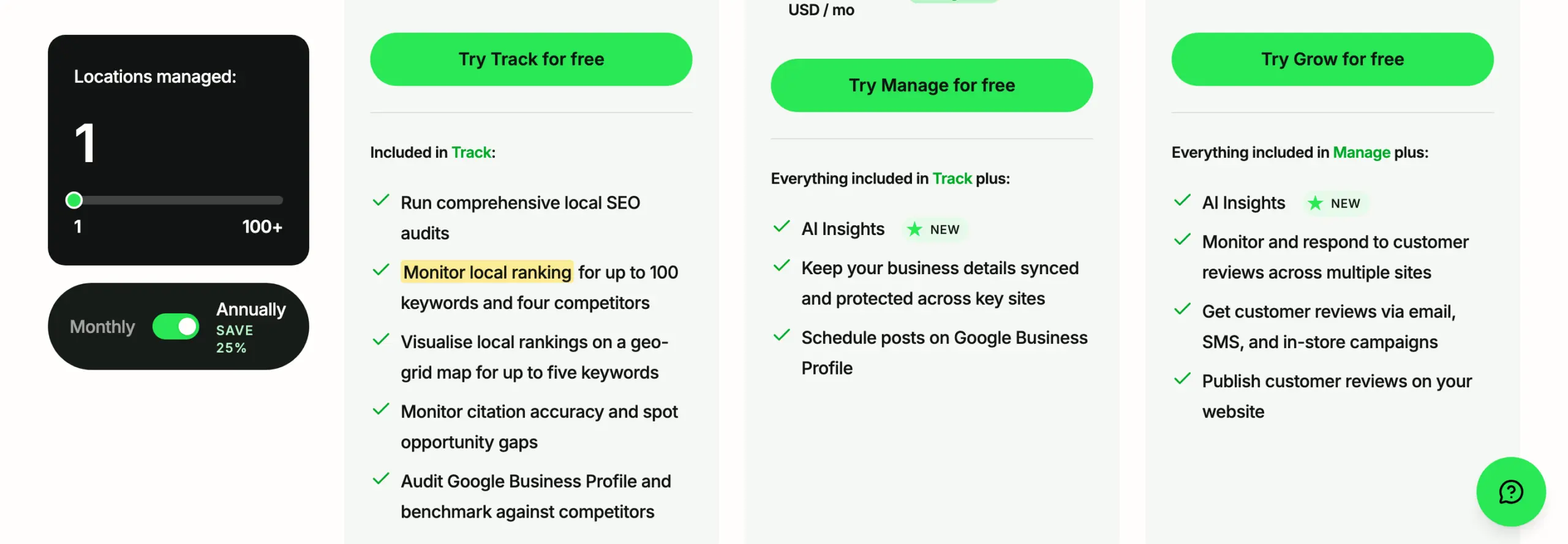 BrightLocal Track plan showing local ranking, geo-grid, citation accuracy and Google Business Profile audit features.