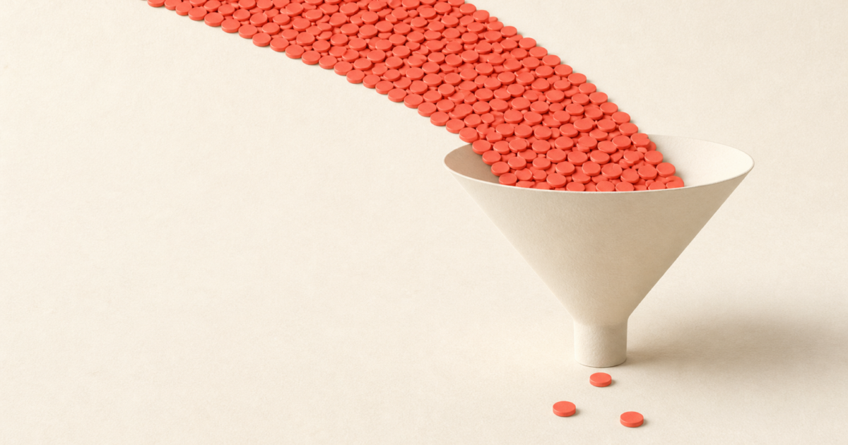 Click-through rate shown as a funnel: hundreds of coral discs pour into the wide mouth and only 3 fall out of the spout