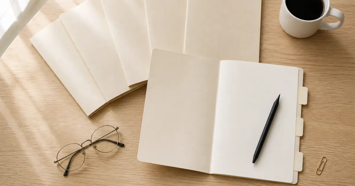 Six identical closed proposal folders fanned across a desk with one pulled forward and opened to a blank page, a pen and index tabs beside reading glasses and a cup of coffee