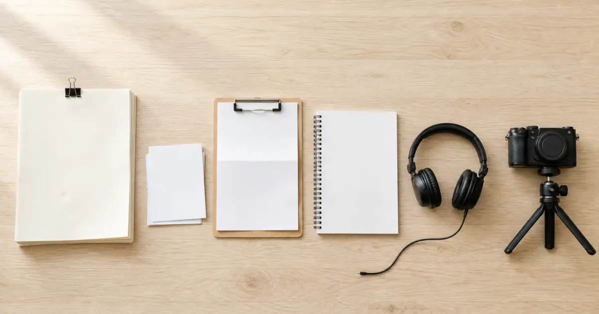 Overhead desk view of one clipped stack of manuscript pages beside the formats it becomes, growing left to right: index cards, a clipboard sheet, a spiral booklet, headphones and a camera on a tripod