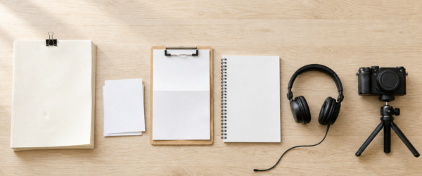 Overhead desk view of one clipped stack of manuscript pages beside the formats it becomes, growing left to right: index cards, a clipboard sheet, a spiral booklet, headphones and a camera on a tripod