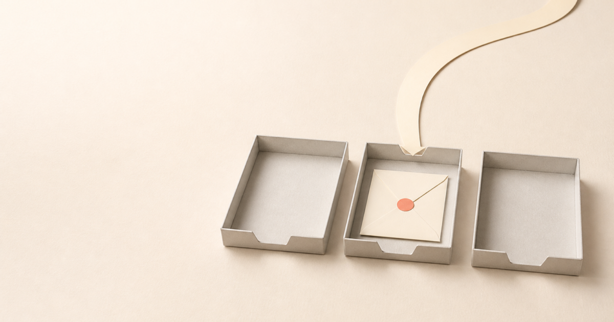 Email deliverability concept: an envelope delivered into the middle of 3 paper trays, arriving somewhere but not where it was wanted