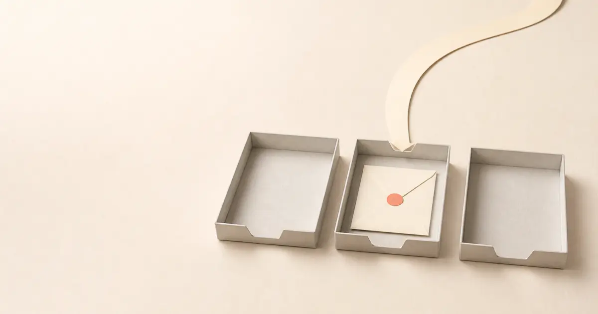 Email deliverability concept: an envelope delivered into the middle of 3 paper trays, arriving somewhere but not where it was wanted
