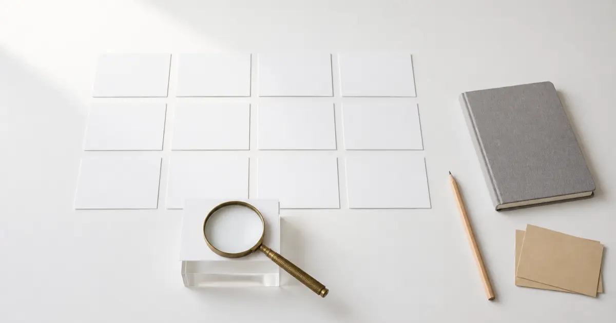 A grid of twelve blank white cards laid out on a desk, with one card lifted onto a clear block under a brass magnifying glass, beside a grey notebook, a pencil and a small stack of manila cards