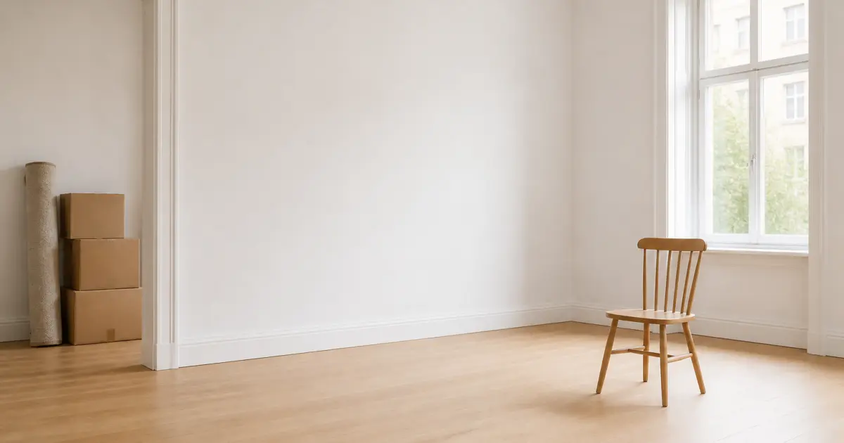 Empty apartment room with bare pale wood floor, one plain wooden chair by the window, and unopened moving boxes stacked just inside the doorway