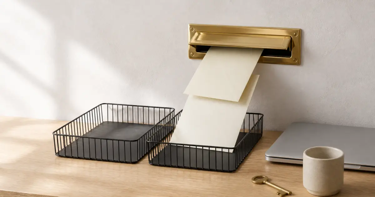 Brass mail slot in a plaster wall dropping blank envelopes into one wire desk tray while a second tray beside it stays empty