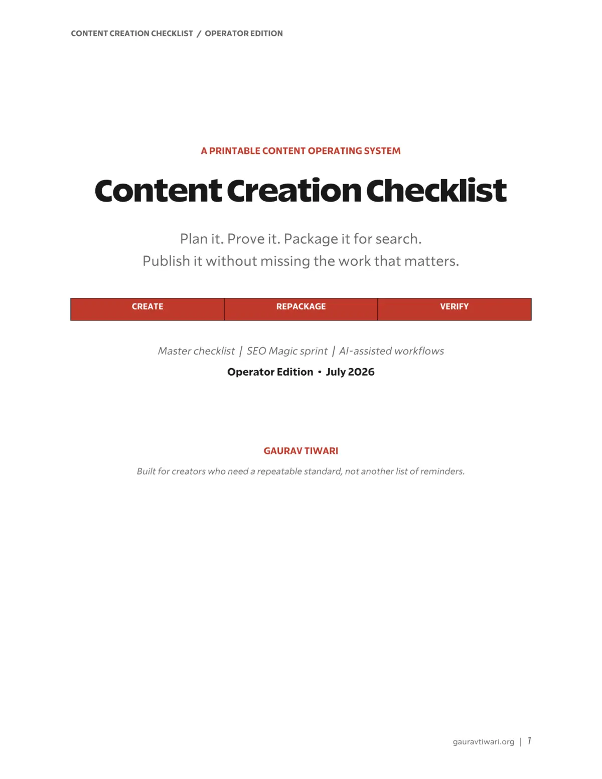 Content Creation Checklist: 65-Page Operator Edition product cover