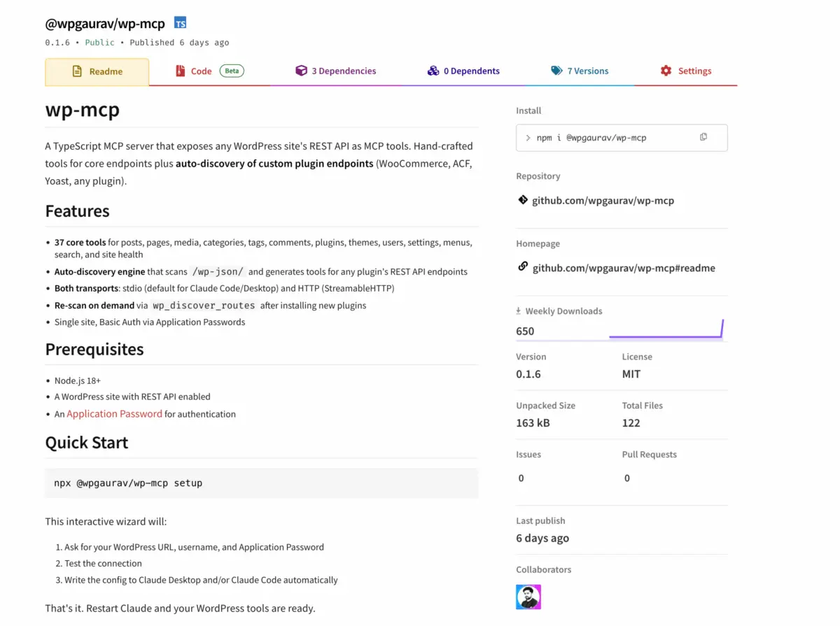 WP MCP package page with WordPress integration and installation details