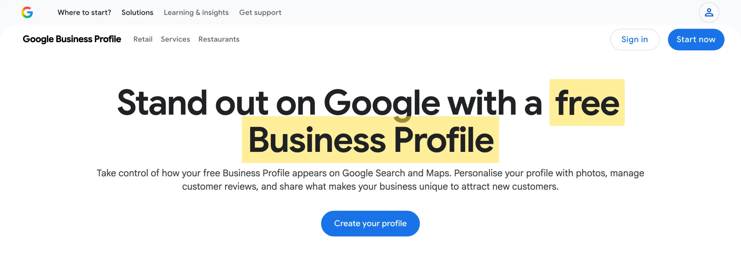 Official Google Business Profile page stating that businesses can create and manage a profile for free.