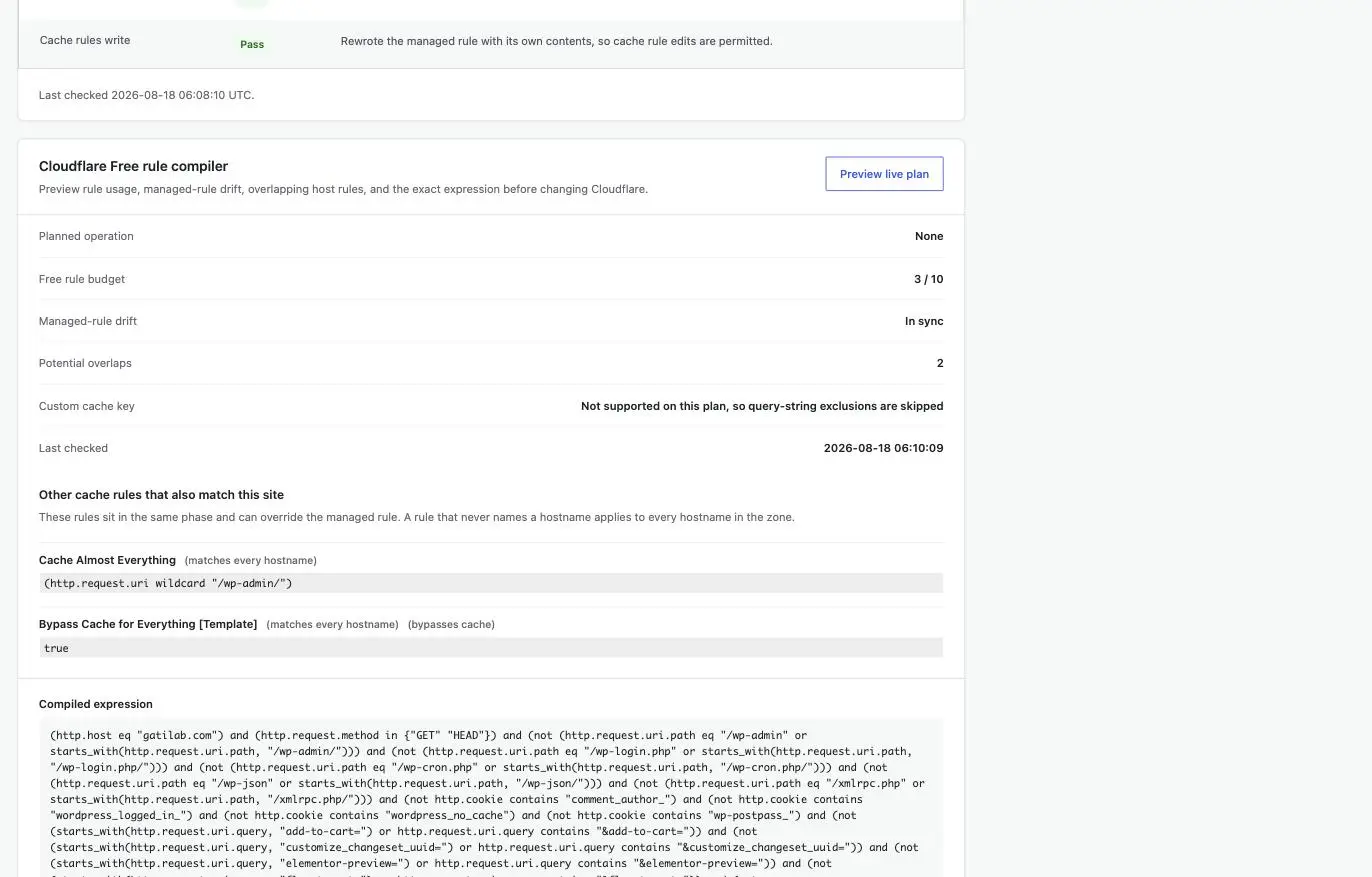 GT Performance Cloudflare Free rule compiler showing a 3 of 10 rule budget, in-sync managed rule, 2 potential overlaps, competing zone rules and the compiled bypass expression