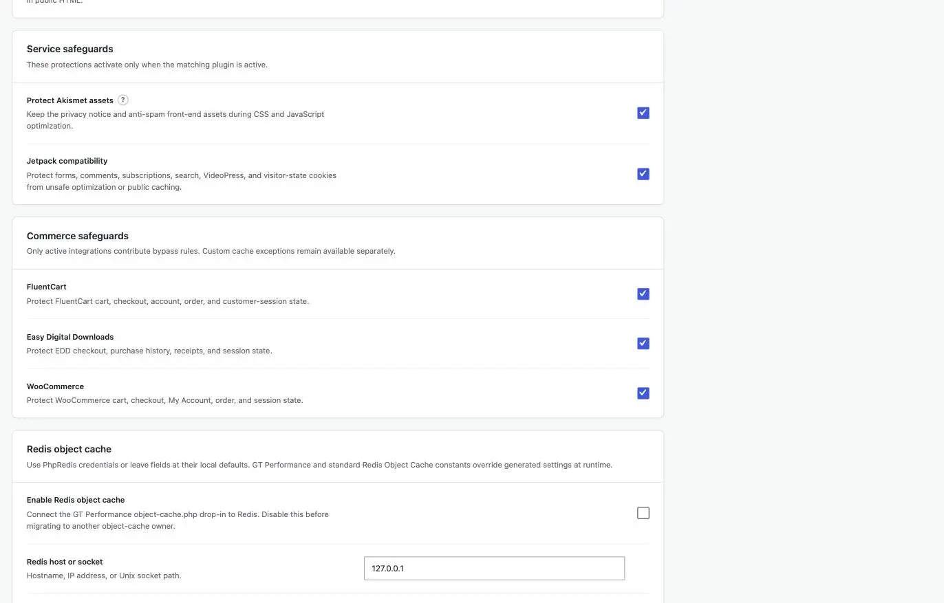 GT Performance commerce safeguards listing FluentCart, Easy Digital Downloads and WooCommerce protections beside Akismet and Jetpack service safeguards