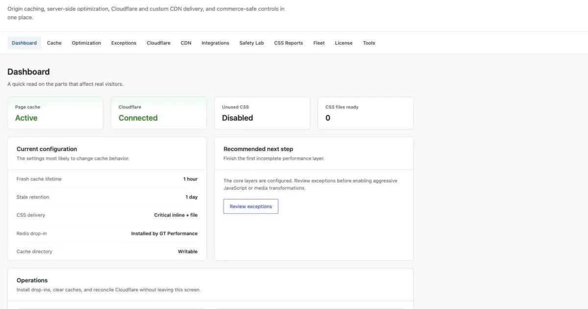 GT Performance dashboard on gatilab.com showing page cache active, Cloudflare connected, cache lifetimes, Redis drop-in ownership and one-click operations