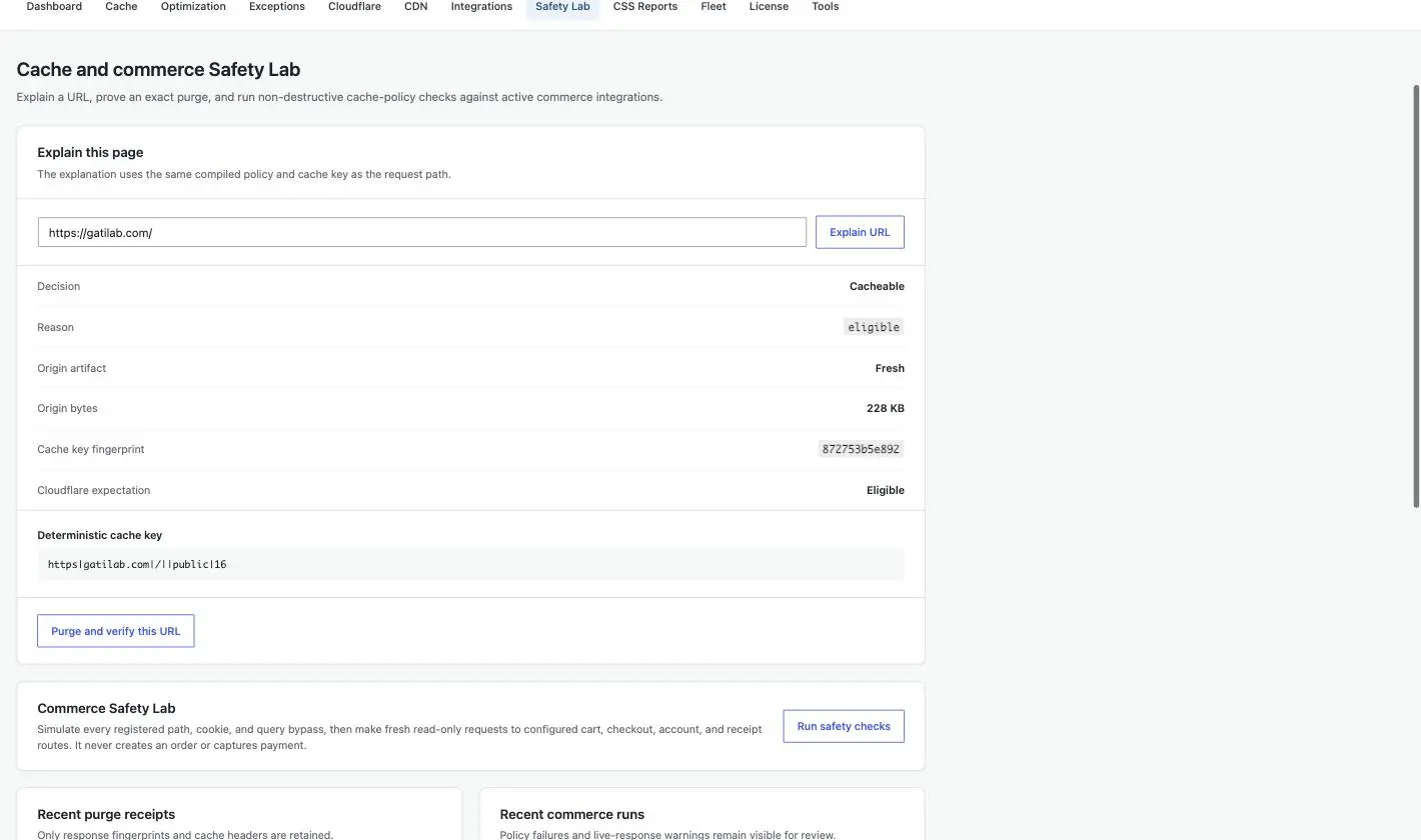 GT Performance Safety Lab explaining a gatilab.com URL with a cacheable decision, eligible reason, fresh origin artifact, cache key fingerprint and Cloudflare expectation