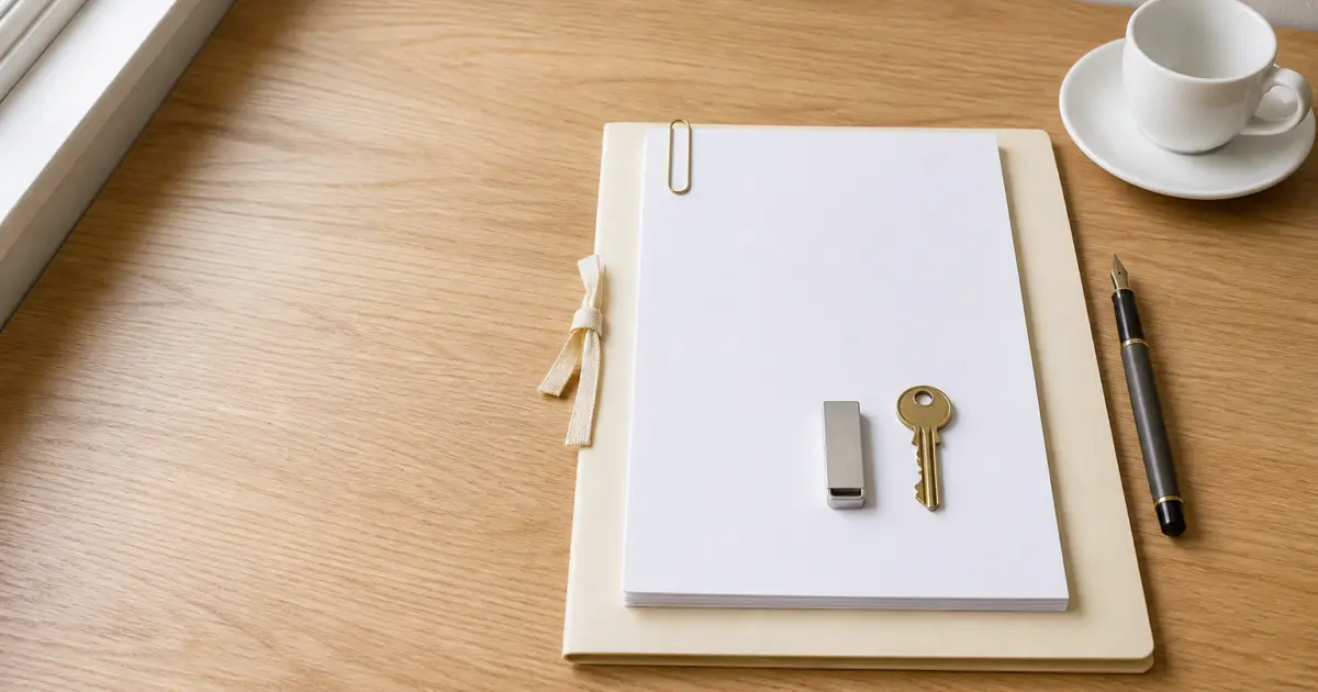 A tied manila folder on a desk with a squared stack of blank paper, a USB drive and a door key on top, a fountain pen alongside, and an empty cup pushed aside