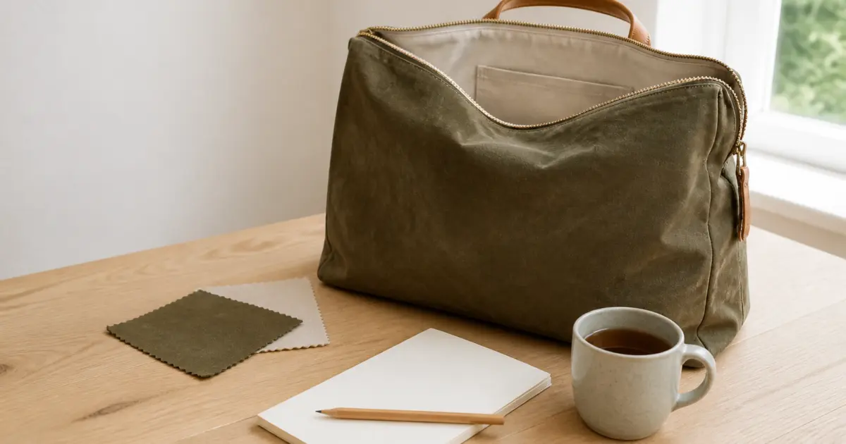 A waxed canvas weekender bag open on an oak table beside fabric swatches, a blank notepad, a pencil and a mug of tea in daylight