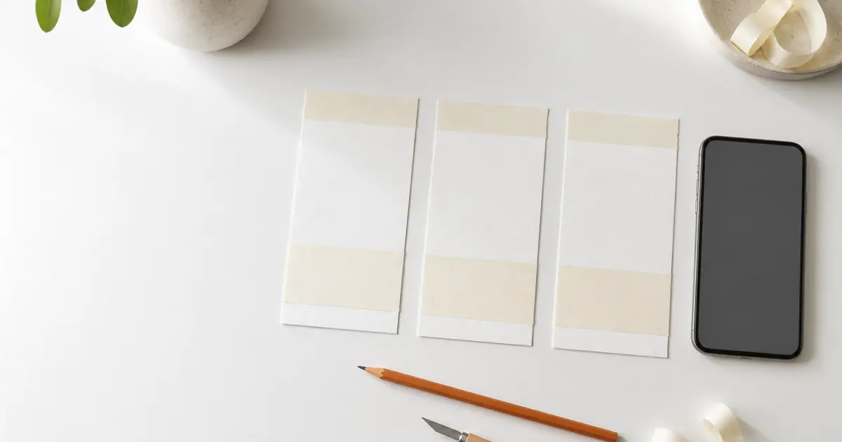 Three tall 9:16 paper cards on a white desk, each with masking tape covering the top strip and the lower third, leaving a clean open rectangle in the middle, beside a phone lying in portrait orientation