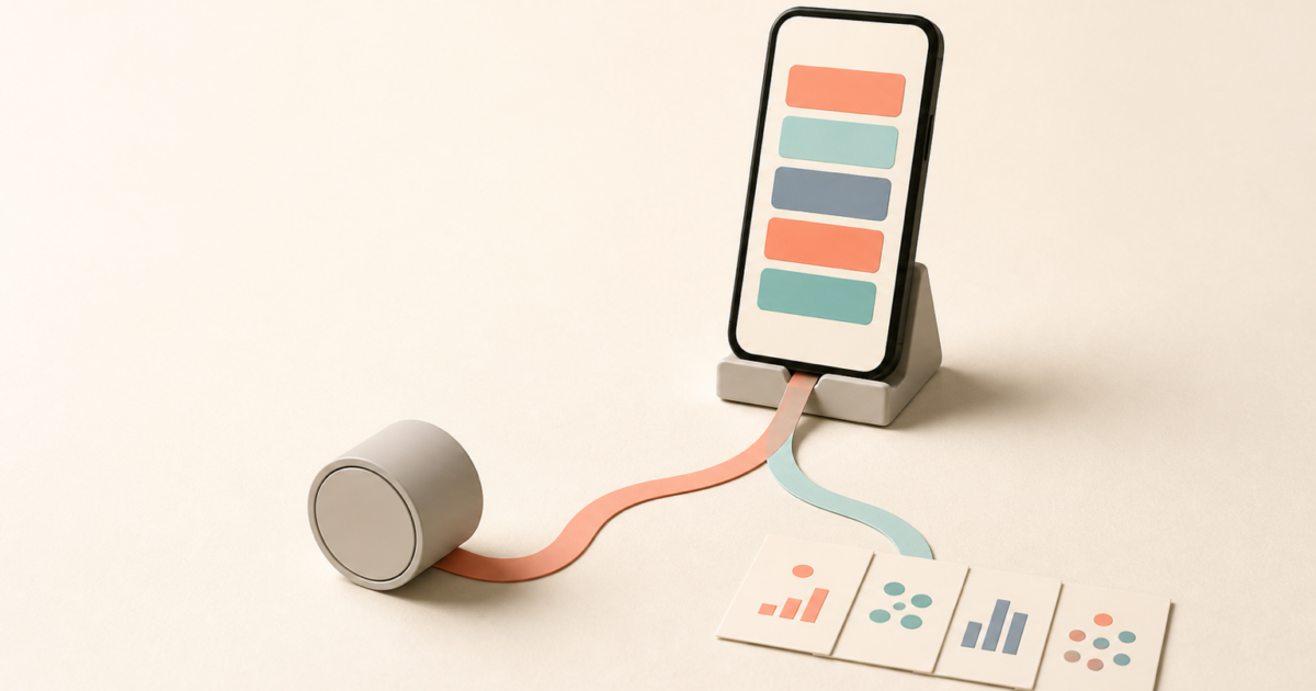 Link in bio tools analytics concept: taps from a phone link list split between a sealed counter that keeps nothing and a row of cards holding data you can export