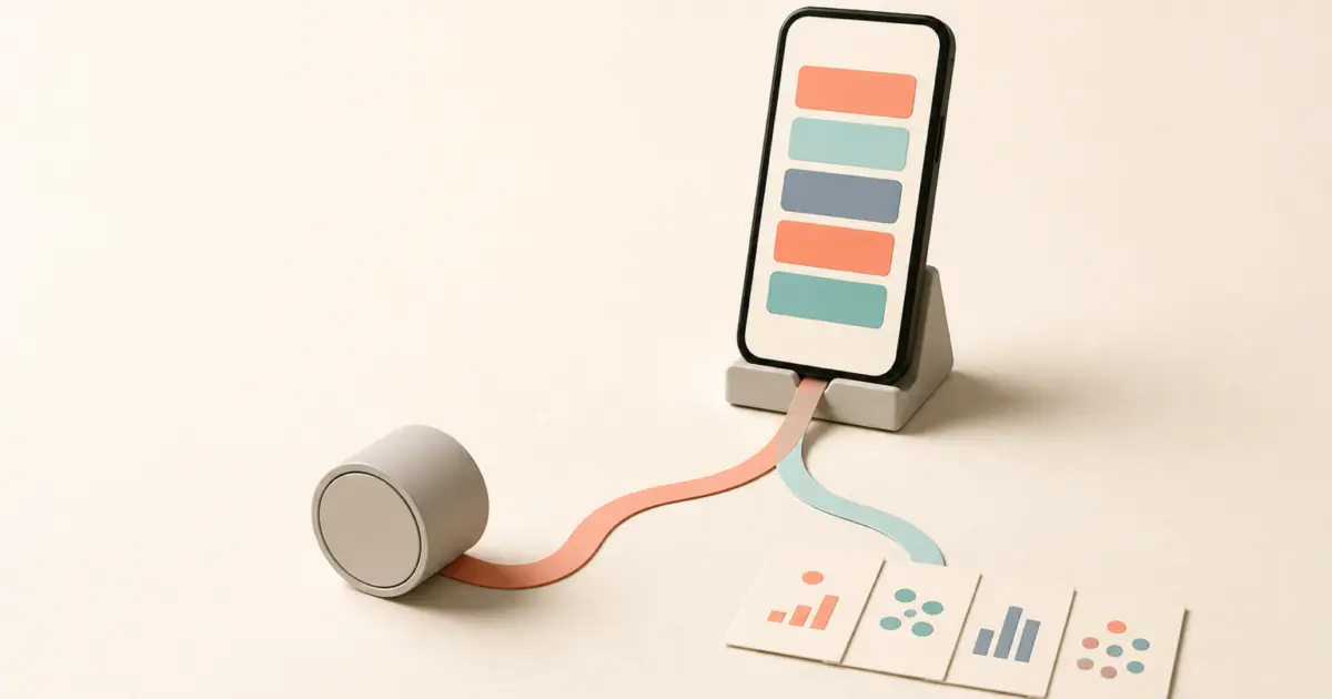 Link in bio tools analytics concept: taps from a phone link list split between a sealed counter that keeps nothing and a row of cards holding data you can export