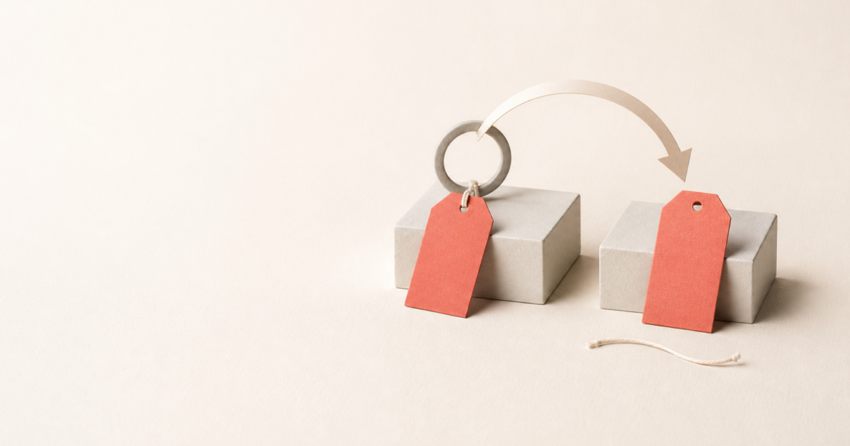 Linktree alternatives concept: a coral tag tethered to a ring on one pedestal and the same tag free with its cord cut on the next