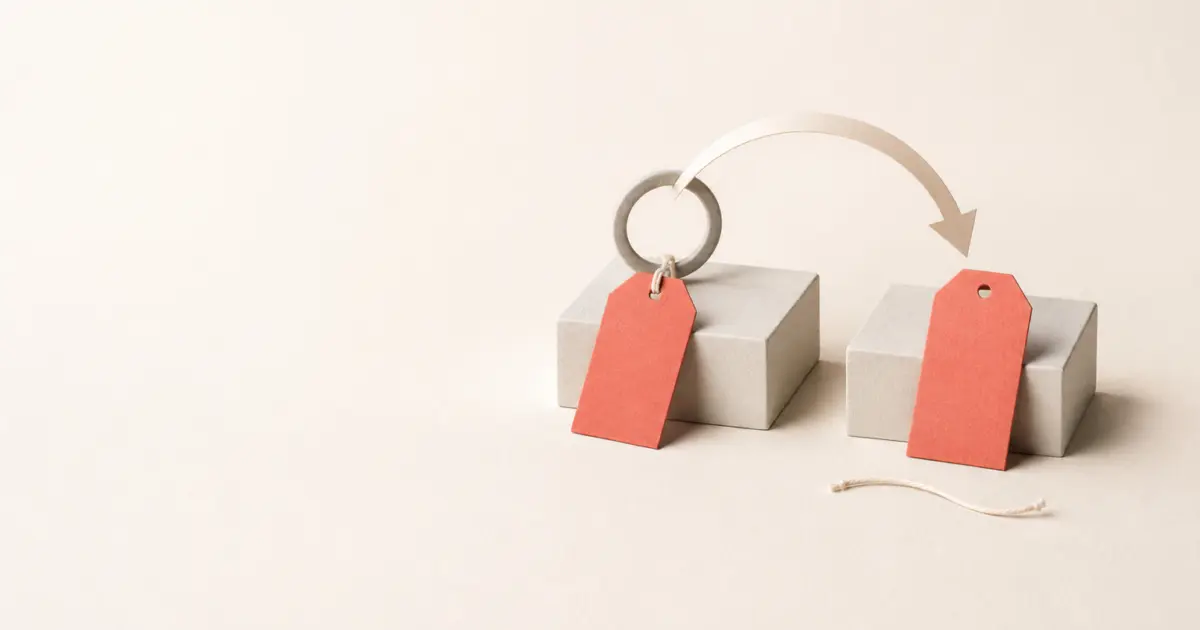 Linktree alternatives concept: a coral tag tethered to a ring on one pedestal and the same tag free with its cord cut on the next