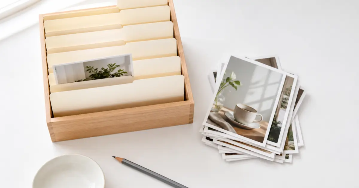 Photo prints filed behind blank tabbed dividers in a wooden desk tray, next to a loose stack of prints that have not been filed