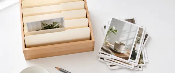 Photo prints filed behind blank tabbed dividers in a wooden desk tray, next to a loose stack of prints that have not been filed