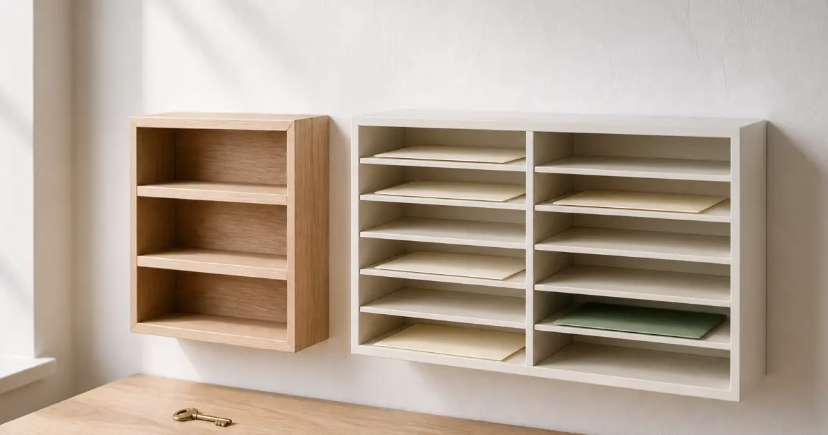 A small oak pigeonhole rack with three deep compartments hangs beside a wider white rack with ten shallow ones, a brass key on the desk below.