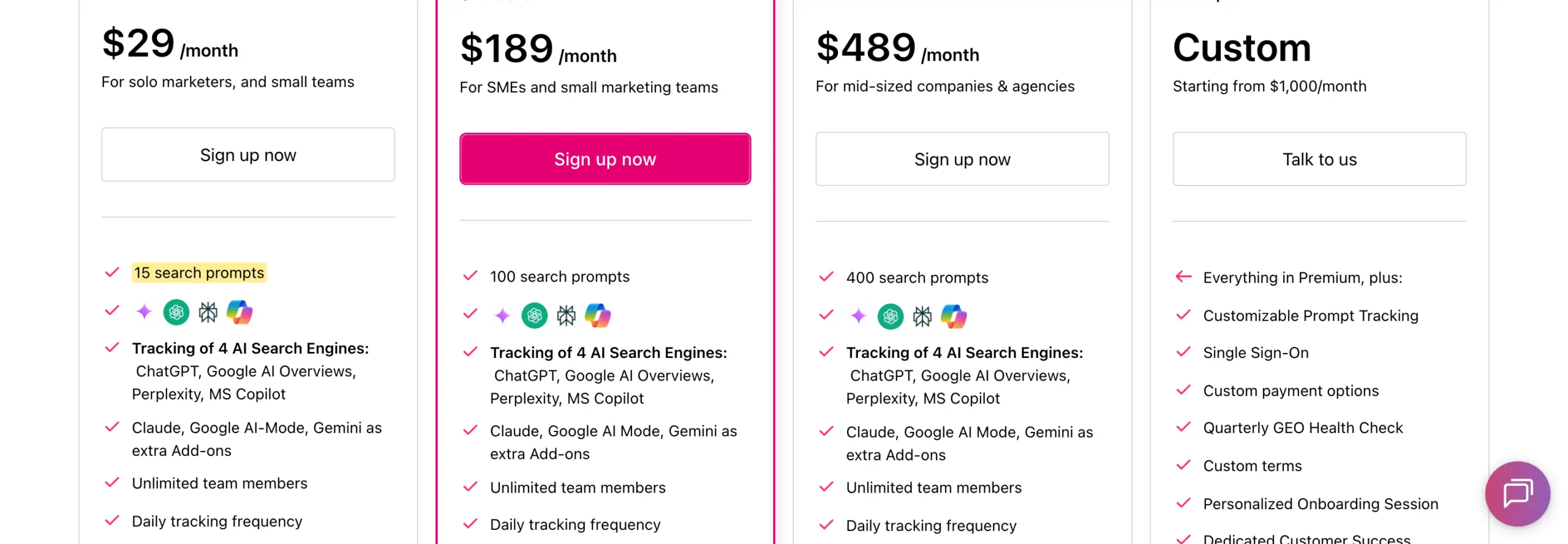 OtterlyAI pricing table showing the Lite plan at 29 dollars per month with 15 prompts and four base AI search engines.