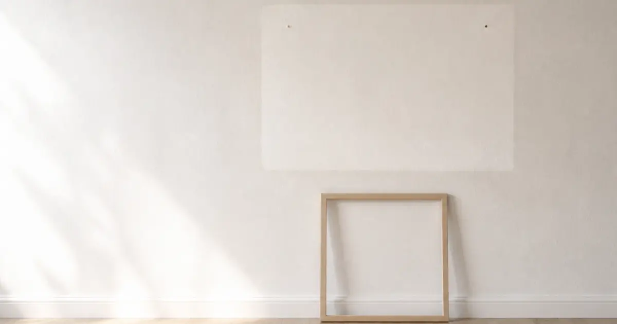 An empty bright room where a large panel has been removed from the white wall, leaving a paler rectangle and two small nail holes, with the emptied wooden frame leaning on the floor below.