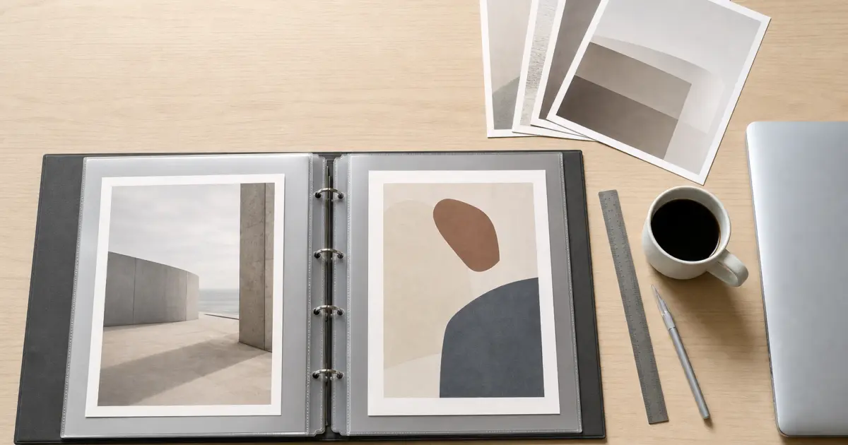Open designer's portfolio binder on a pale oak desk holding two mounted prints, with a fanned stack of loose prints, a steel ruler, a scalpel, a coffee mug and a closed laptop