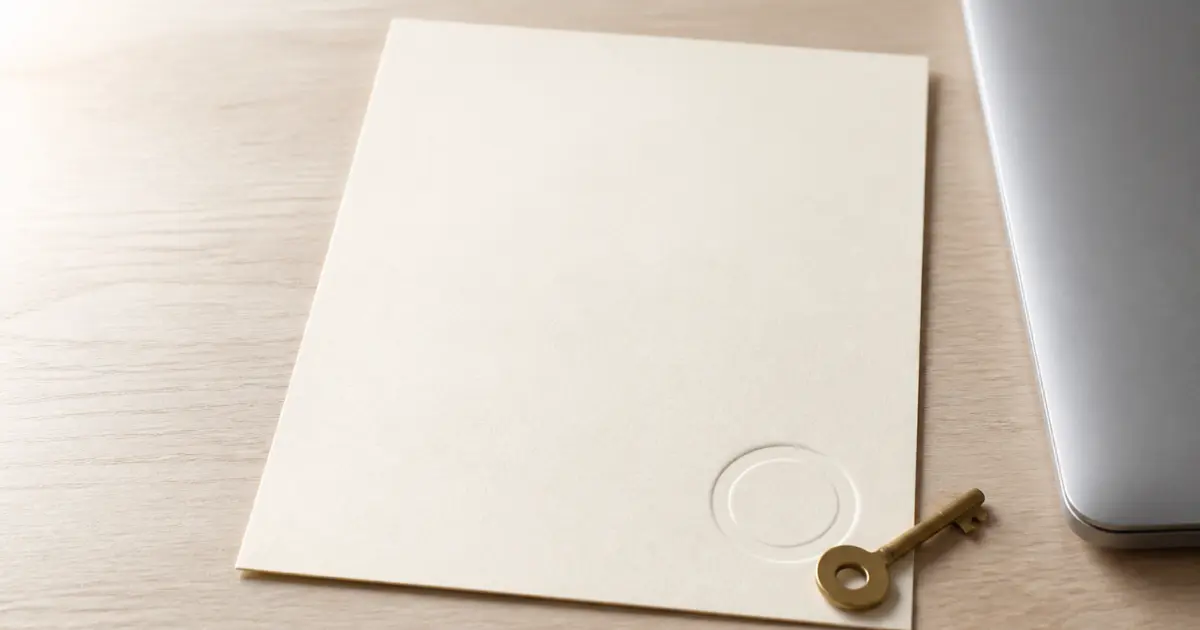 A blank cream certificate sheet with a blind-embossed seal and a small brass key resting on it, beside a closed laptop on a pale wooden desk.