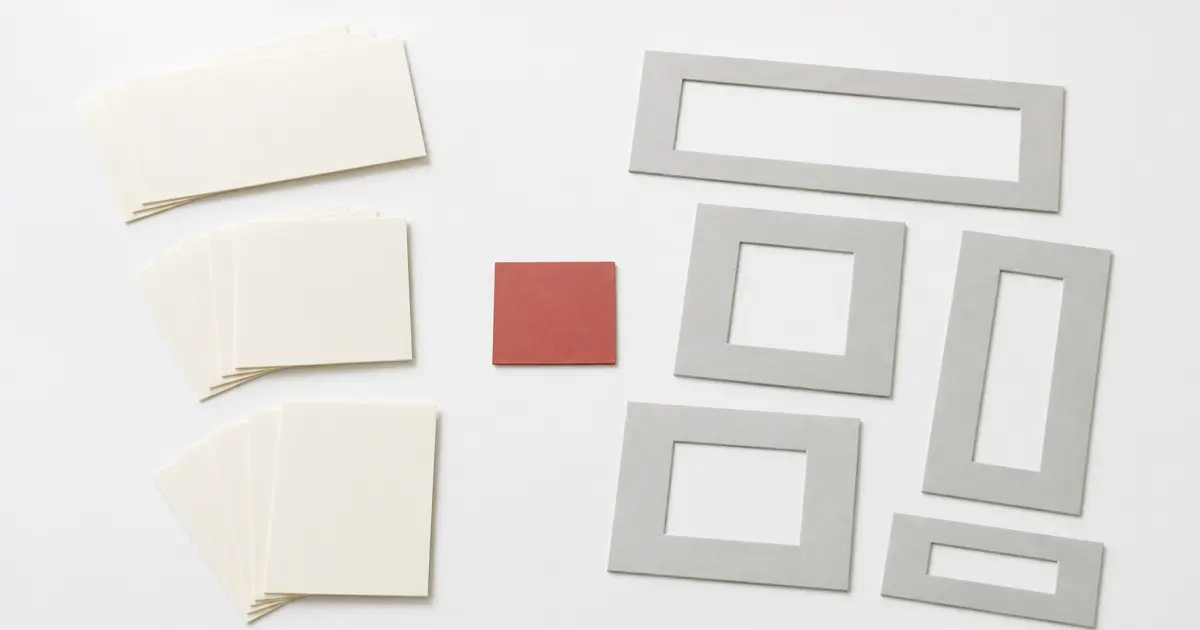 Blank cream photo prints in wide, square and tall proportions laid out beside five empty grey mat boards, each cut with a differently shaped window