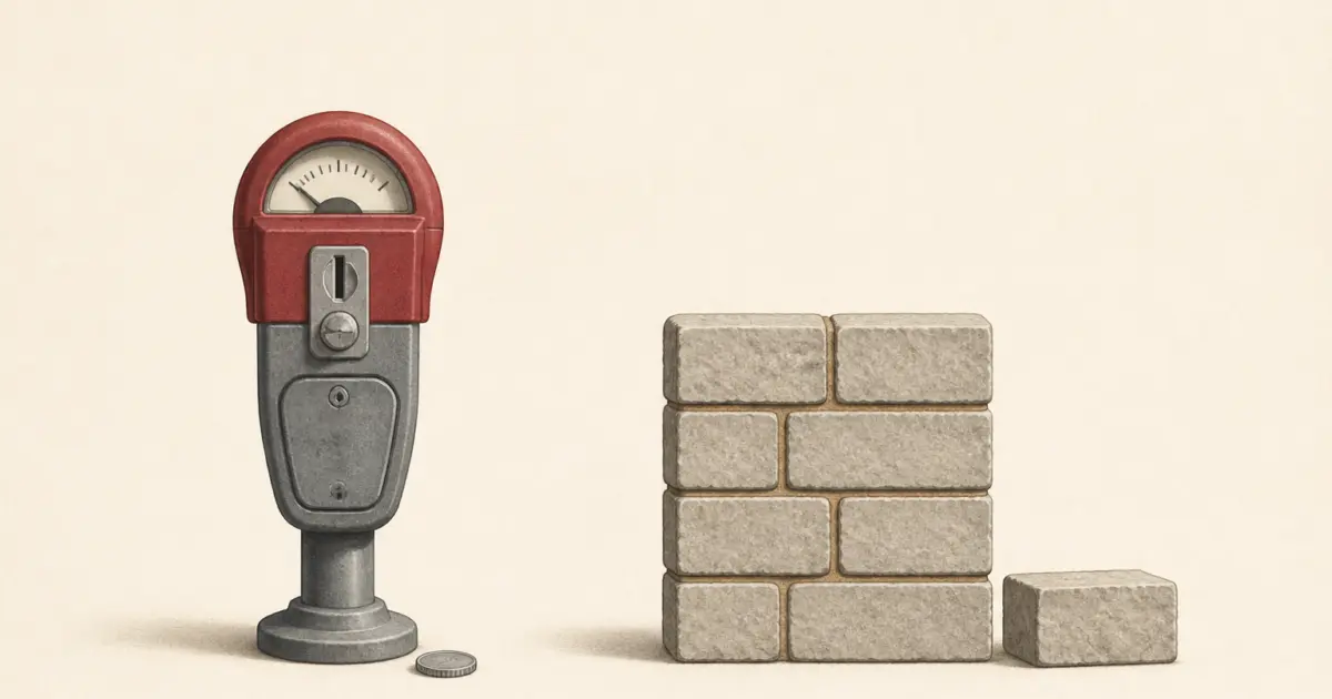 Editorial illustration: a coin-operated parking meter with a coin at its base next to a part-built stone wall with one block waiting to be laid