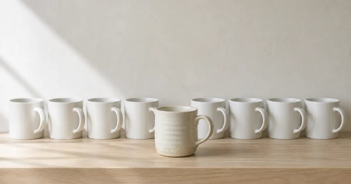 A row of eight identical factory-made white mugs on a pale wood shelf, with one hand-thrown mug standing slightly forward, its rim uneven and its throwing rings visible.