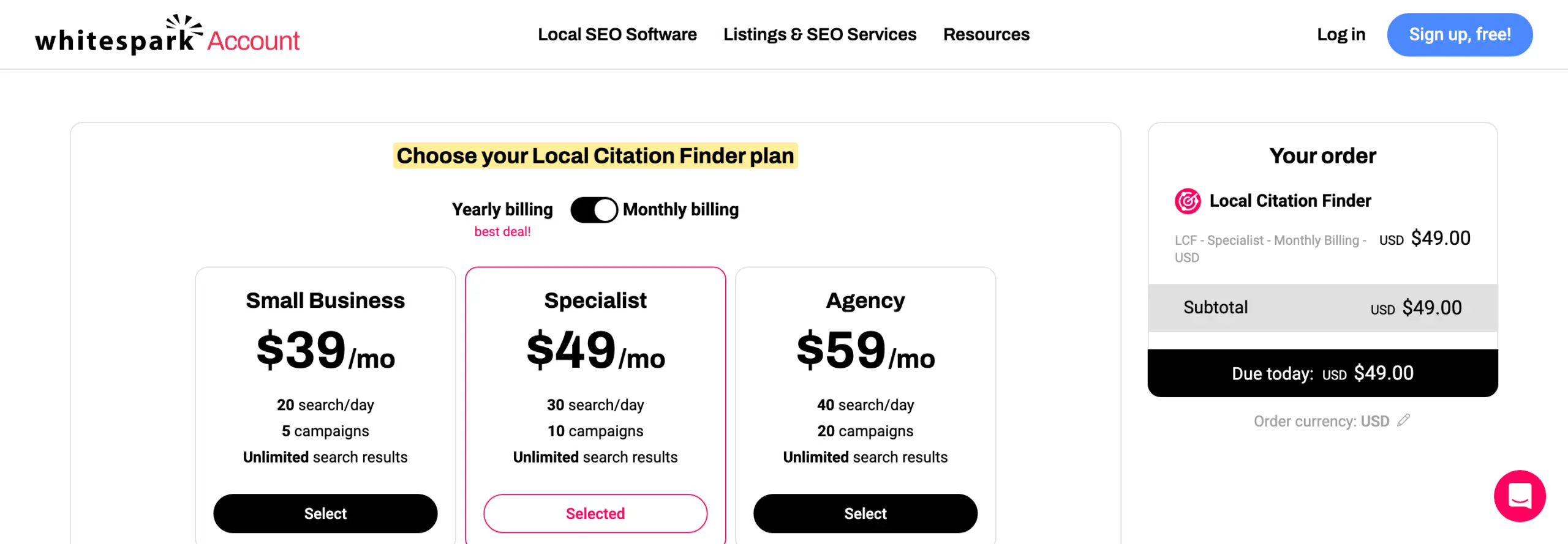 Whitespark Local Citation Finder pricing showing Small Business, Specialist and Agency plans with search and campaign limits.