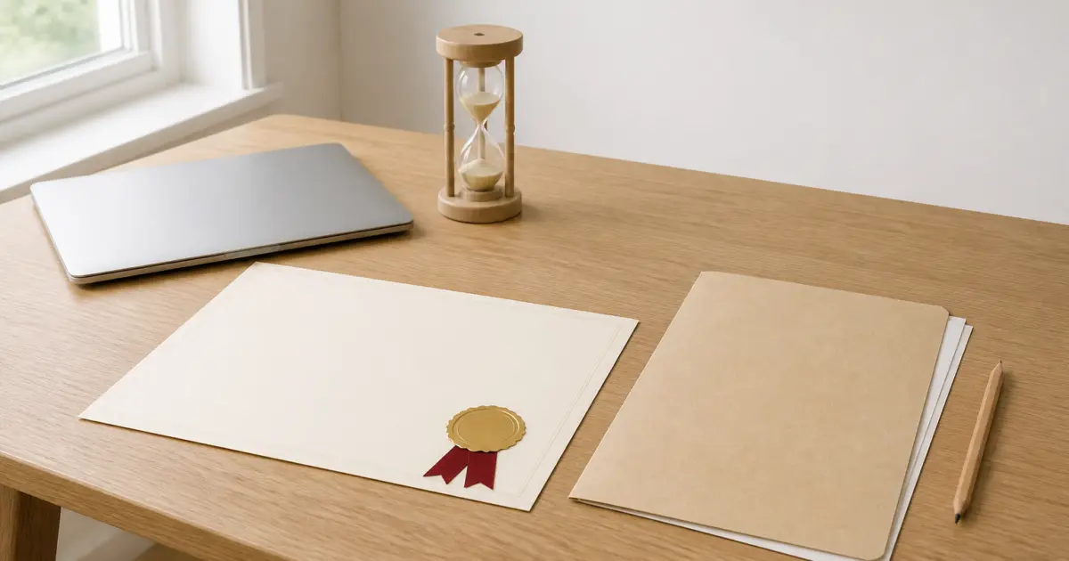 A blank certificate with a gold foil seal and red ribbon lying on a light wooden desk beside a closed laptop, a sand timer and a folder of plain paper