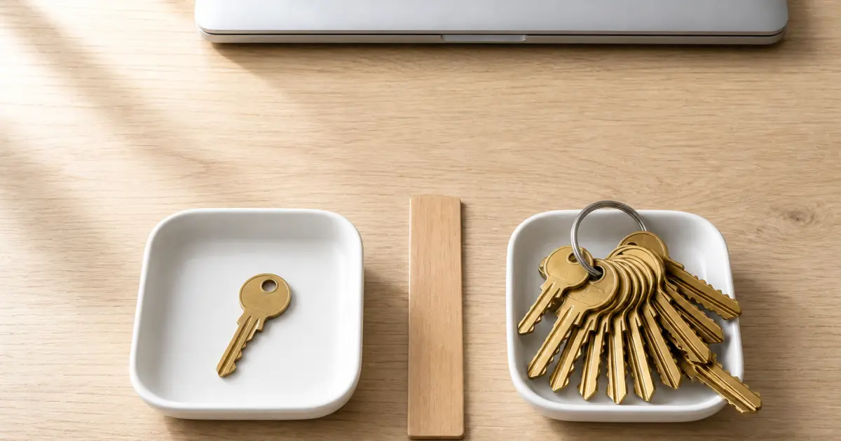 One brass key in a white dish beside a ring of ten keys in a second dish, showing that the SEO plugin choice comes down to how many sites one license has to cover