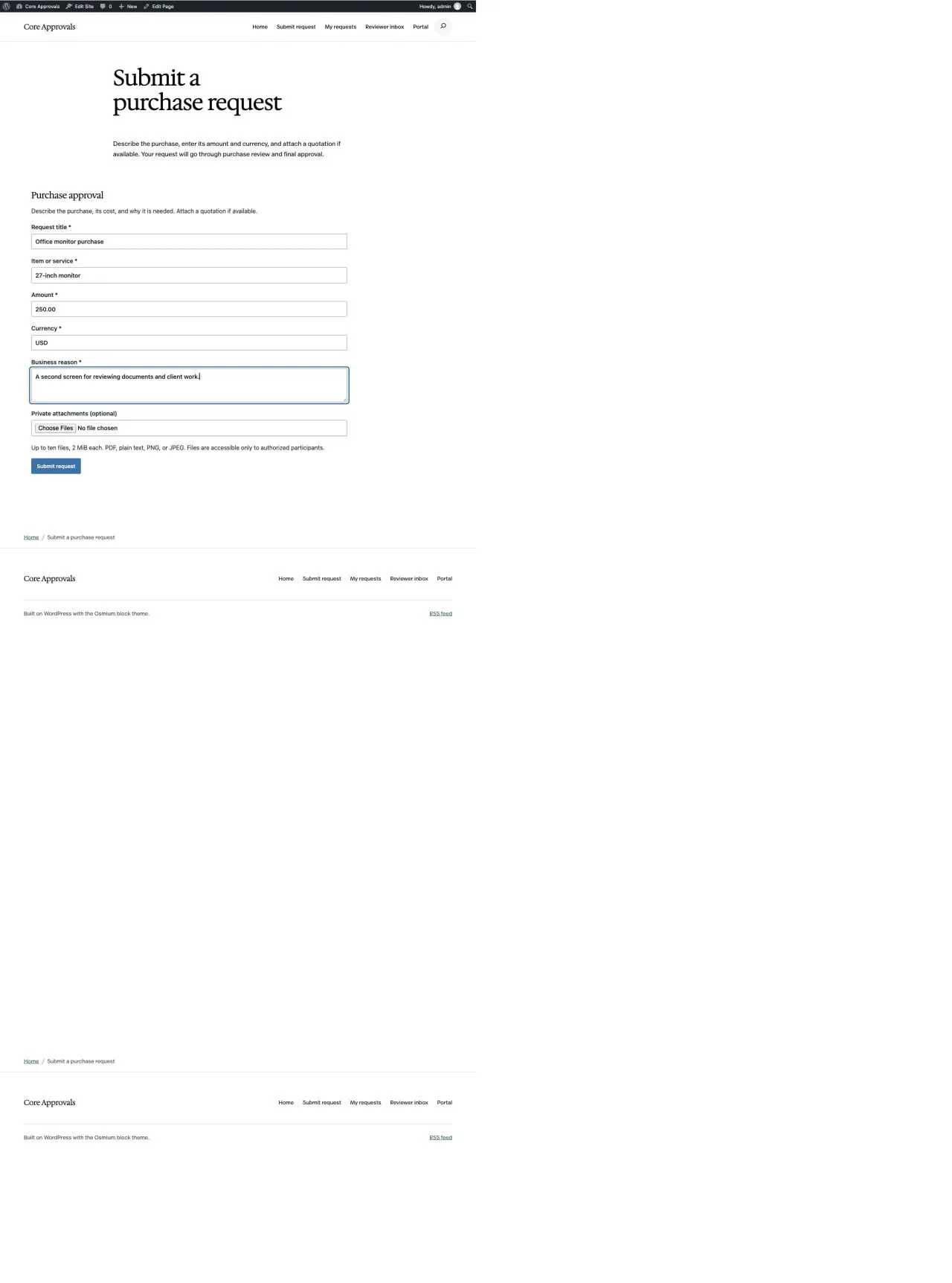 Core Approvals purchase request form in Osmium with sample monitor purchase details