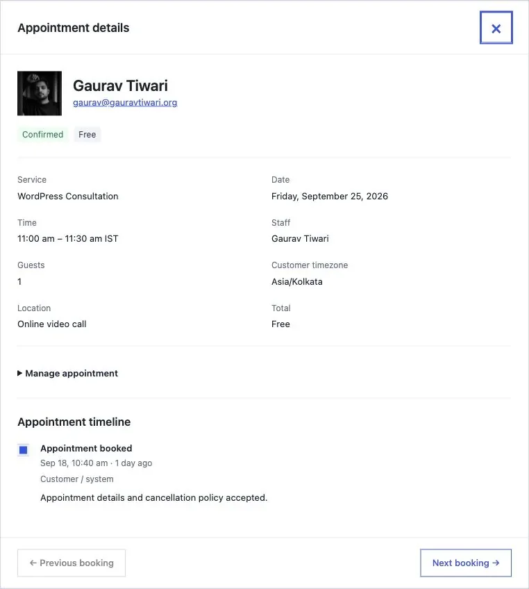 Core Bookings appointment details with customer information, booking status, and activity timeline