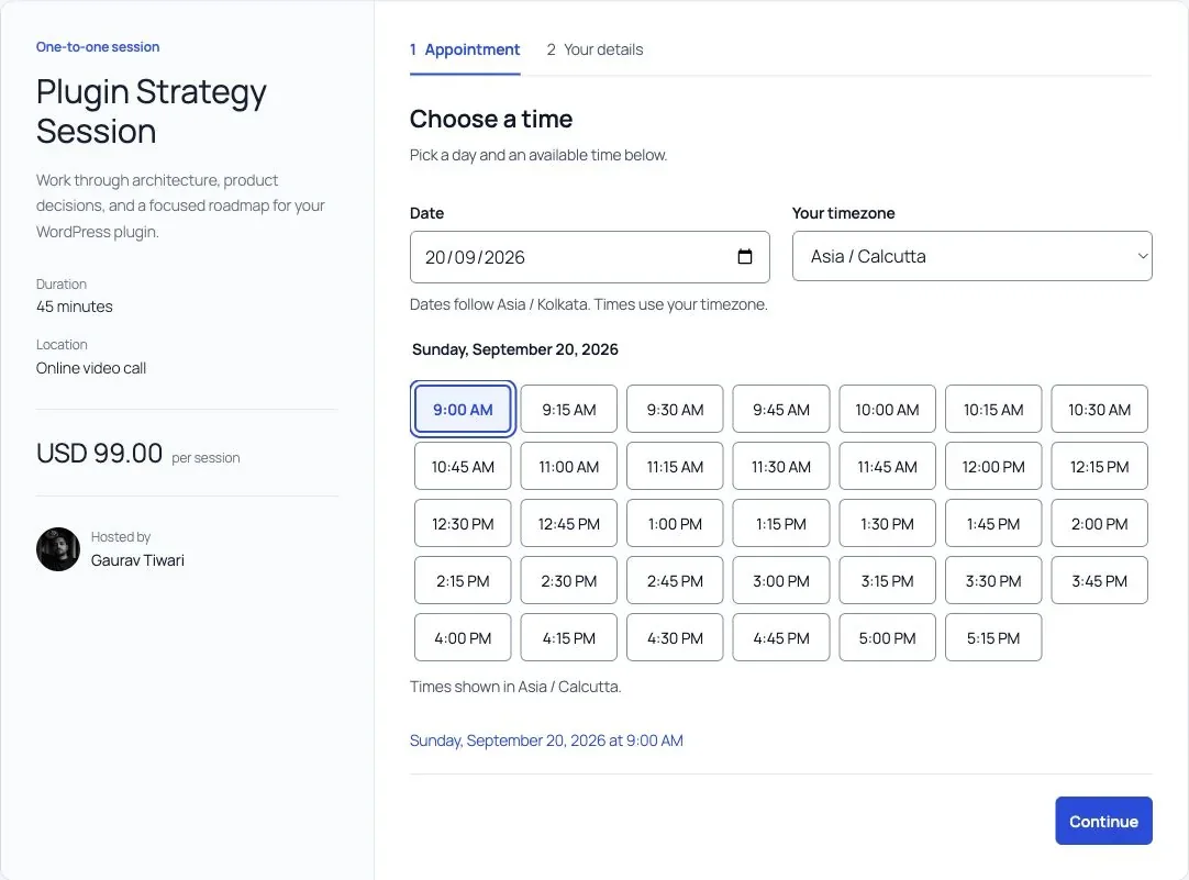 Plugin Strategy Session booking page with service details, host, timezone selection, and available times